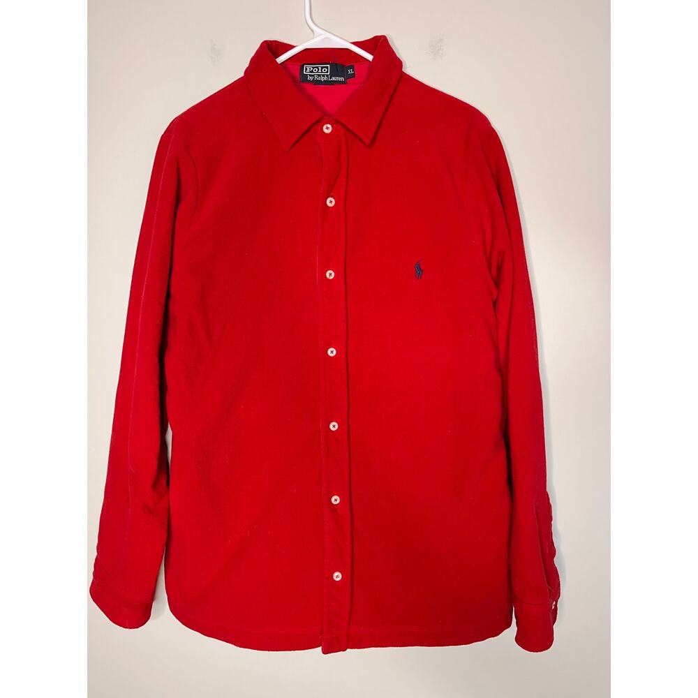 1990s Polo Ralph Lauren Red Fleece Soft Thick Old Money Prep Shacket Shirt XL